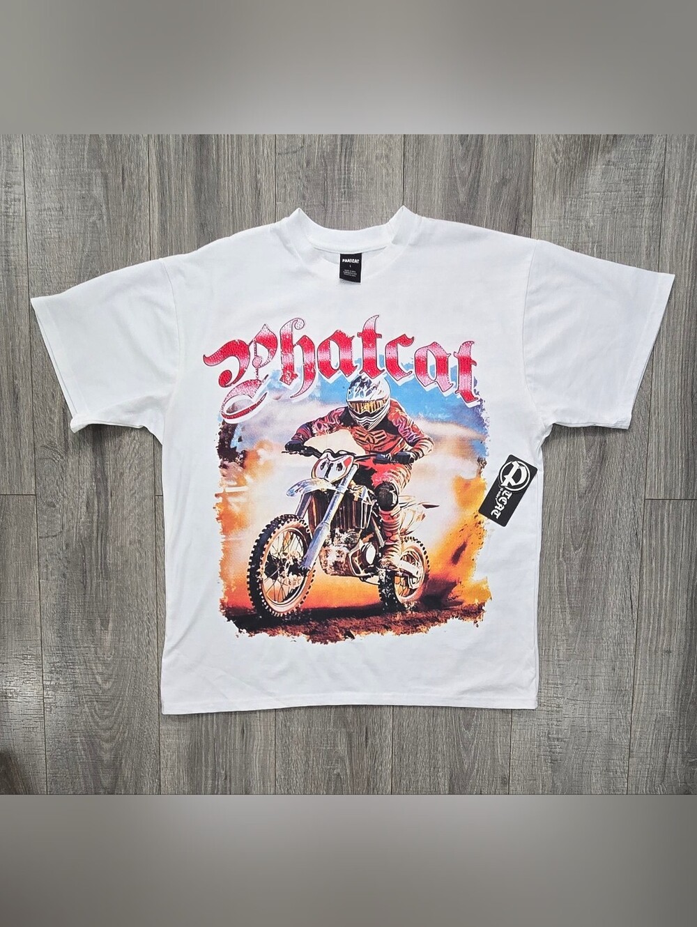 Phatcat Motocross Dirt Bike Rhinestone Graphic T Shirt White Large NWT